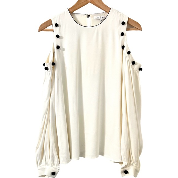 ALEXIS Erica Velvet Button Trim Cold Shoulder Blouse in Cream Size M - Picture 6 of 12